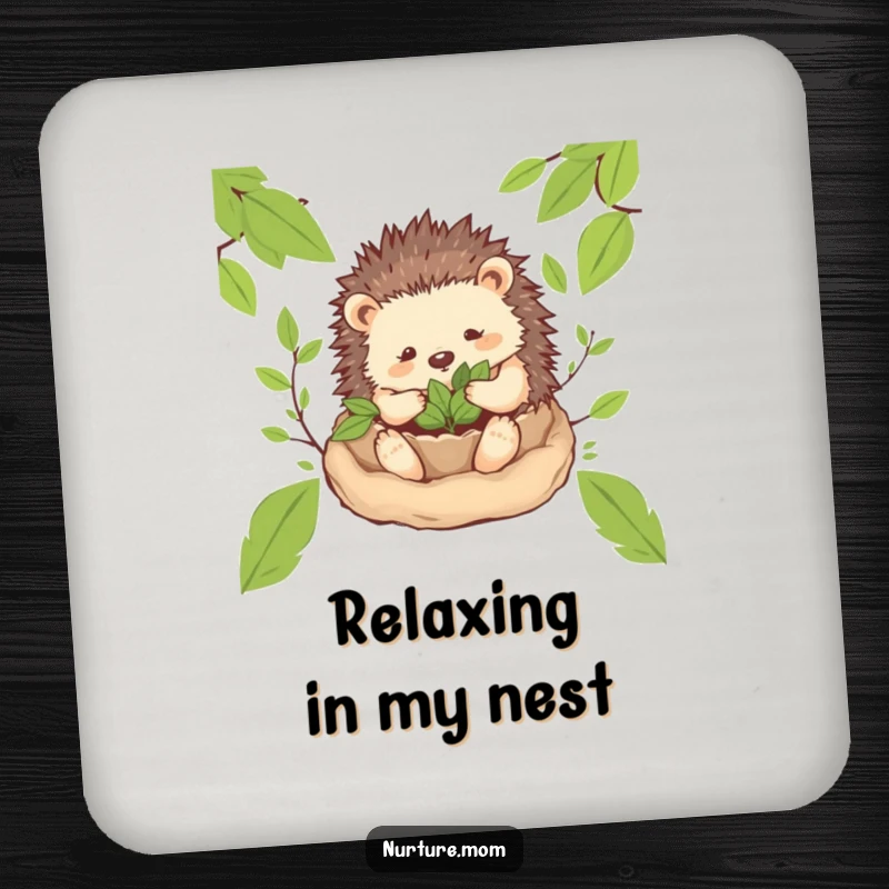 Funny! Set of drink coasters featuring a gentle hedgehog mom character creating a cozy nest of leaves, bringing woodland charm and humor.