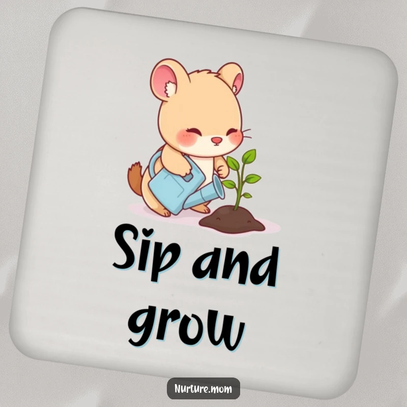 Funny drink coaster with a small animal gently watering a sprouting seedling with a watering can, perfect for nature-themed decor.