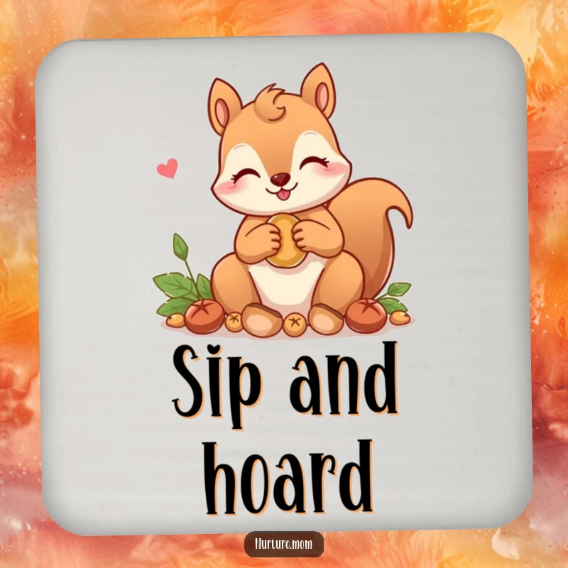 Funny! Set of drink coasters featuring a kawaii squirrel mom character gathering nuts, bringing woodland charm and humor to tabletops.