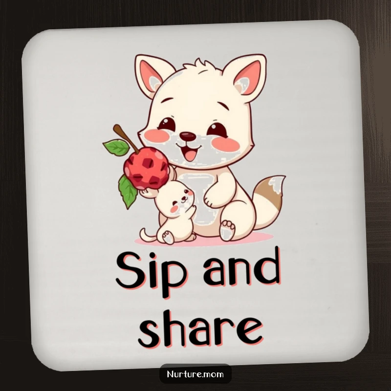 Funny drink coaster showing a happy animal sharing a berry with a smaller creature, bringing sweet, humorous vibes.