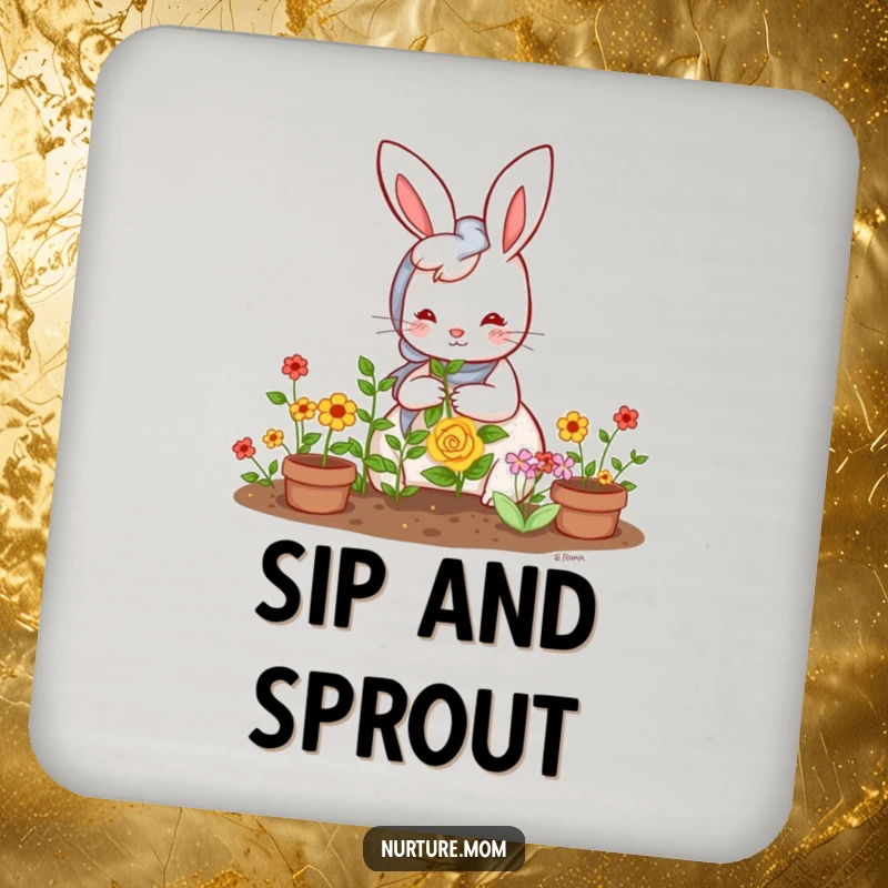 Funny Kawaii Rabbit Mom Coaster: A sweet bunny mom tending her garden, protecting surfaces with cute and humorous charm.