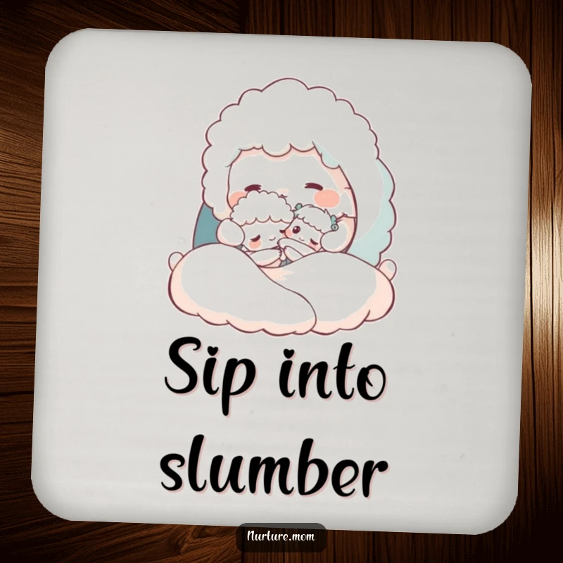 Funny drink coaster with a fluffy creature tucking a tiny one into a cozy bed, adding sweet bedtime charm.