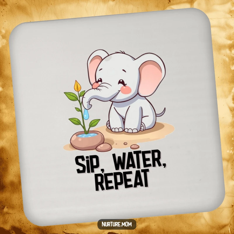 Funny drink coaster with a happy elephant character using its trunk to water a plant, a humorous and protective accessory for tables.