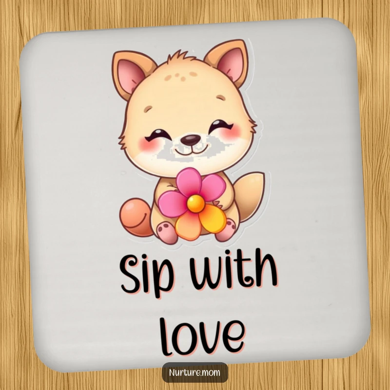Funny animal coasters set featuring a creature giving a flower, protecting surfaces with a humorous and adorable design.