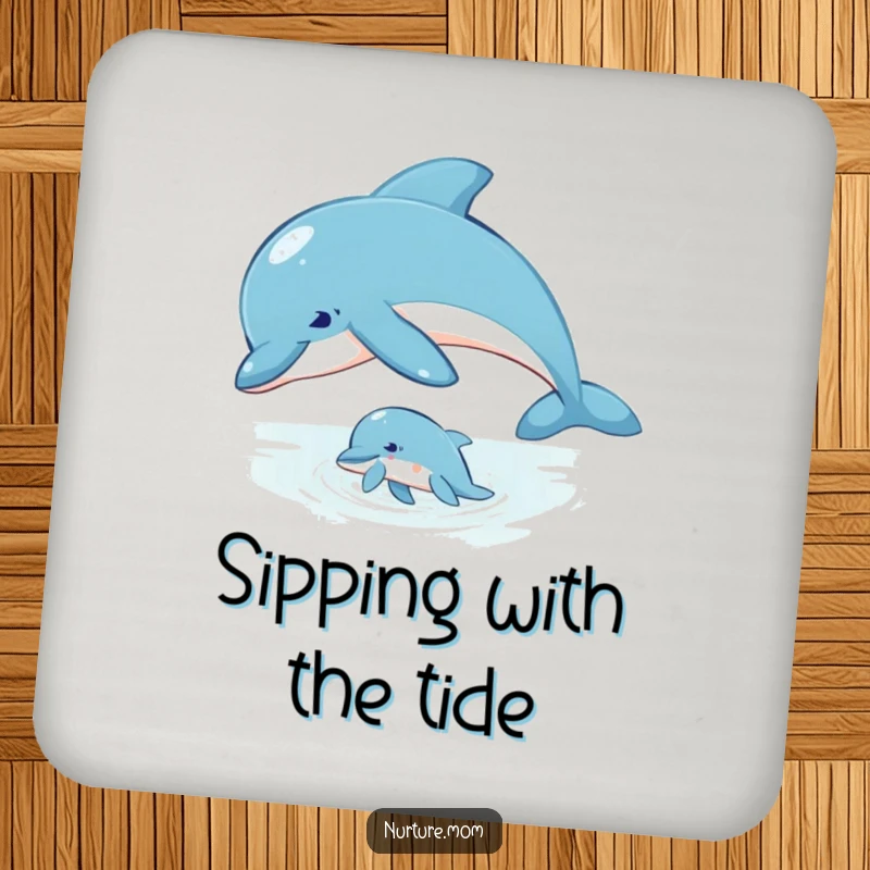 Coaster set featuring a mother dolphin guiding her calf through the water, symbolizing guidance.