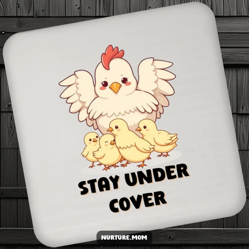 Funny Protective Hen Coaster: Cute hen shielding her chicks, protecting surfaces with farm-inspired humor.
