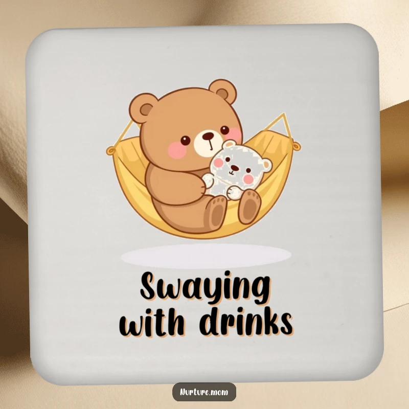 Funny kawaii bear mom rocking a baby animal in a cozy hammock, serving as a heartwarming and humorous drink coaster.