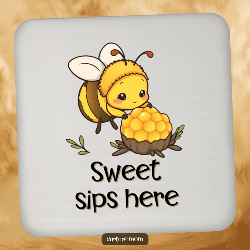 Funny kawaii mother bee tending honeycomb on a protective drink coaster.