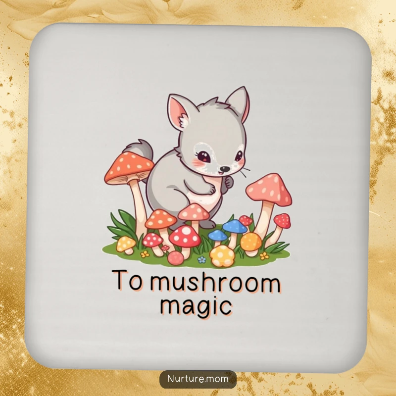Funny coasters set with a small animal in a playful crouch tending to vibrant mushrooms, protecting tables.