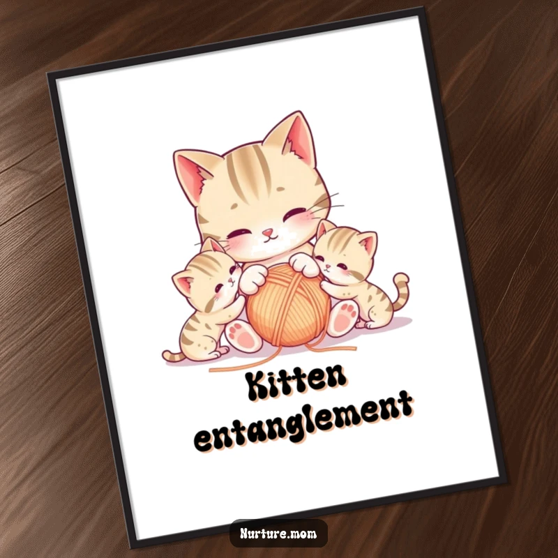 Funny kawaii mother cat and kittens playfully tangled in yarn, creating a heartwarming scene on a poster.