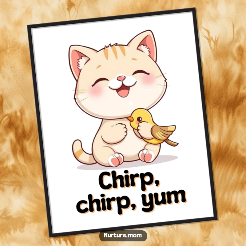 Funny poster featuring a smiling cat character happily feeding a baby bird, a humorous artwork symbolizing kindness and friendship.