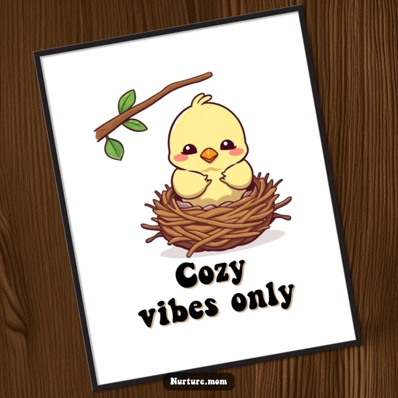 Funny kawaii mother bird art print building a cozy nest, presented as a heartwarming artwork.
