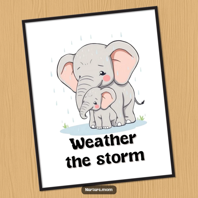 Poster featuring a majestic mother elephant shielding her calf from the rain, evoking security and love.