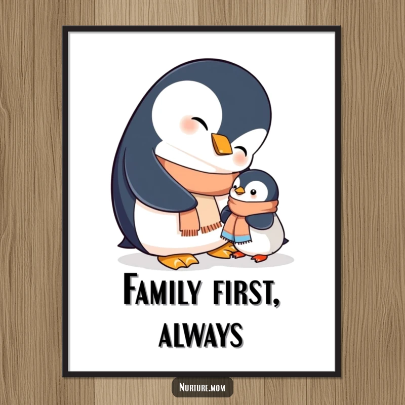 Funny mama penguin carefully places a tiny scarf on her chick, capturing a moment of parental love in this poster.