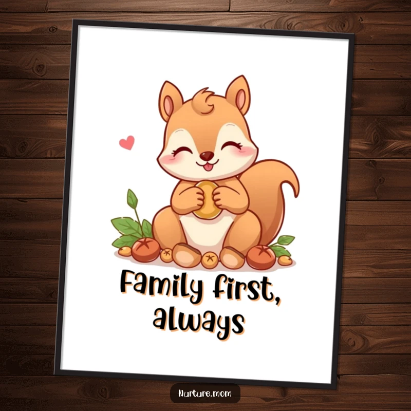 Funny! Poster art of a kawaii squirrel mom character lovingly gathering nuts, evoking feelings of sweetness, nature, and gentle humor.