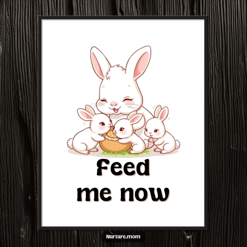 Funny nurturing mother rabbit feeding baby bunnies, cute wall art, heartwarming animal motherhood poster gift.