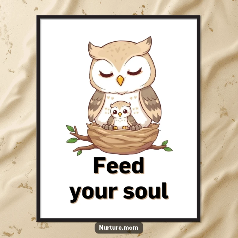 Funny owl nest poster print of a gentle owl feeding a tiny fledgling, ideal for peaceful and heartwarming nature-themed decor.