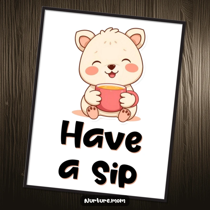 Funny poster showing a smiling animal offering a warm cup, exuding gentle hospitality and cozy vibes.