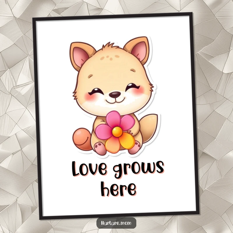 Funny animal poster showcasing a creature with a loving gaze, presenting a vibrant flower, a humorous piece of art for wall decoration.