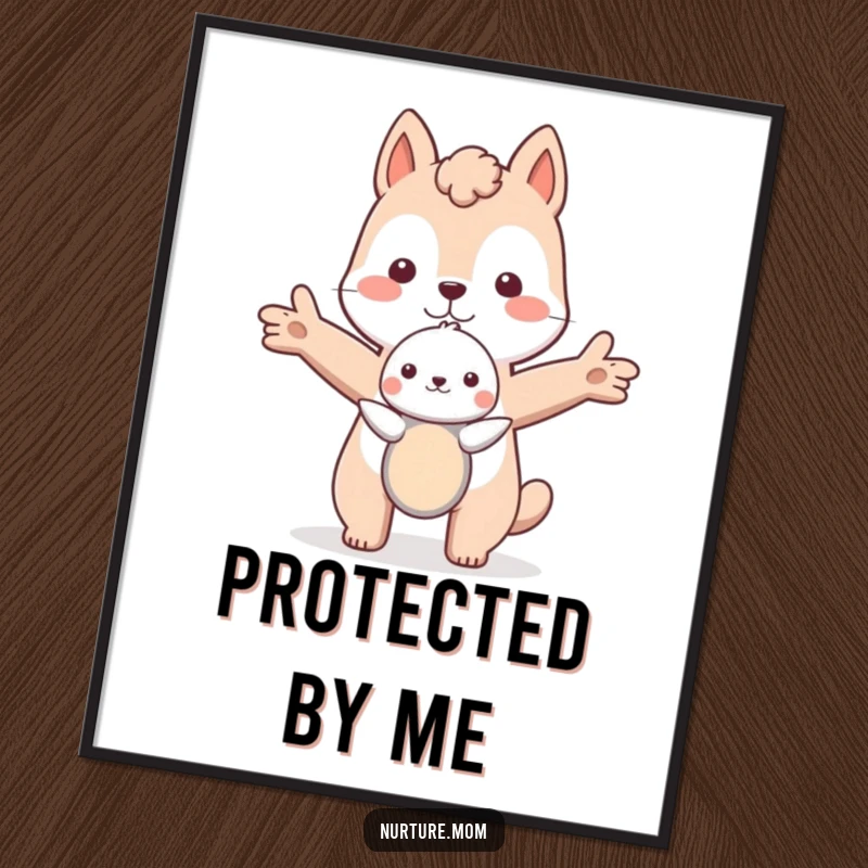 Funny animal protectively embraces a small creature with outstretched arms, depicted as heartwarming wall art.