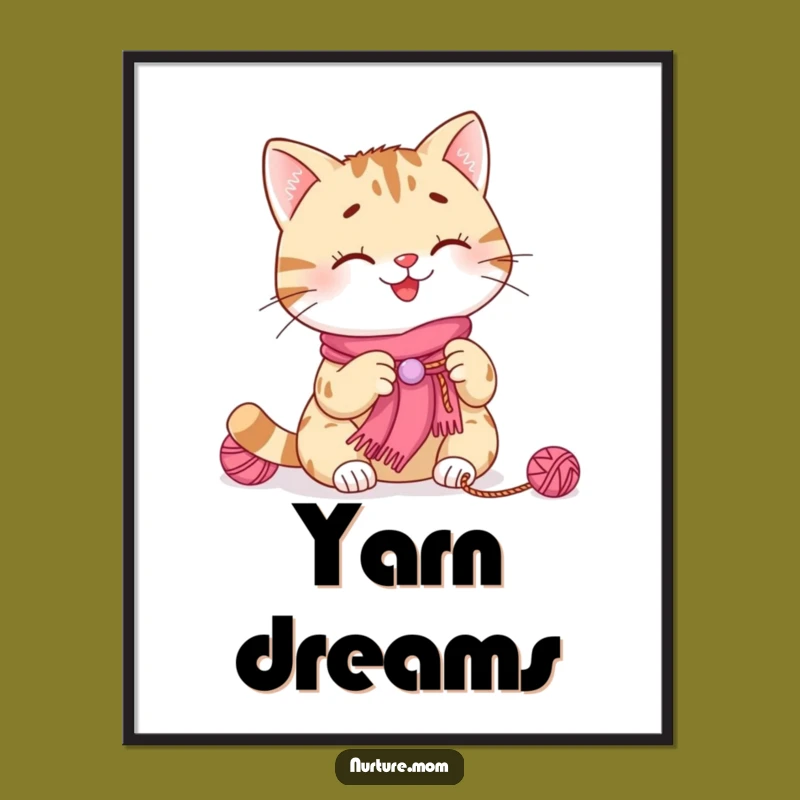 Funny Cat Knitting Poster: Smiling Kitty Scarf Art, Cozy Decor