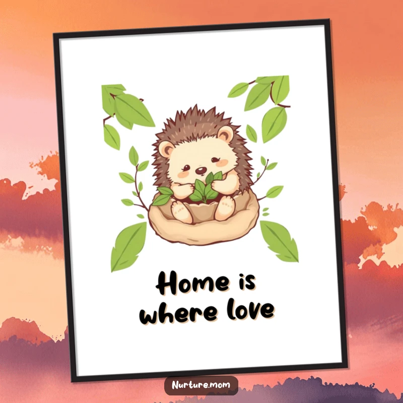Funny! Poster art of a gentle hedgehog mom character creating a cozy nest of leaves, evoking feelings of peace, home, and gentle humor.