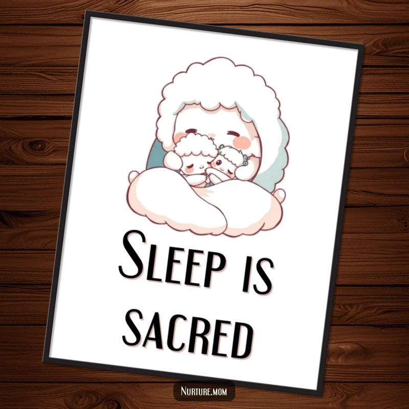 Funny poster showing a fluffy creature tucking a tiny one into a cozy bed, perfect for a nursery or child's room.