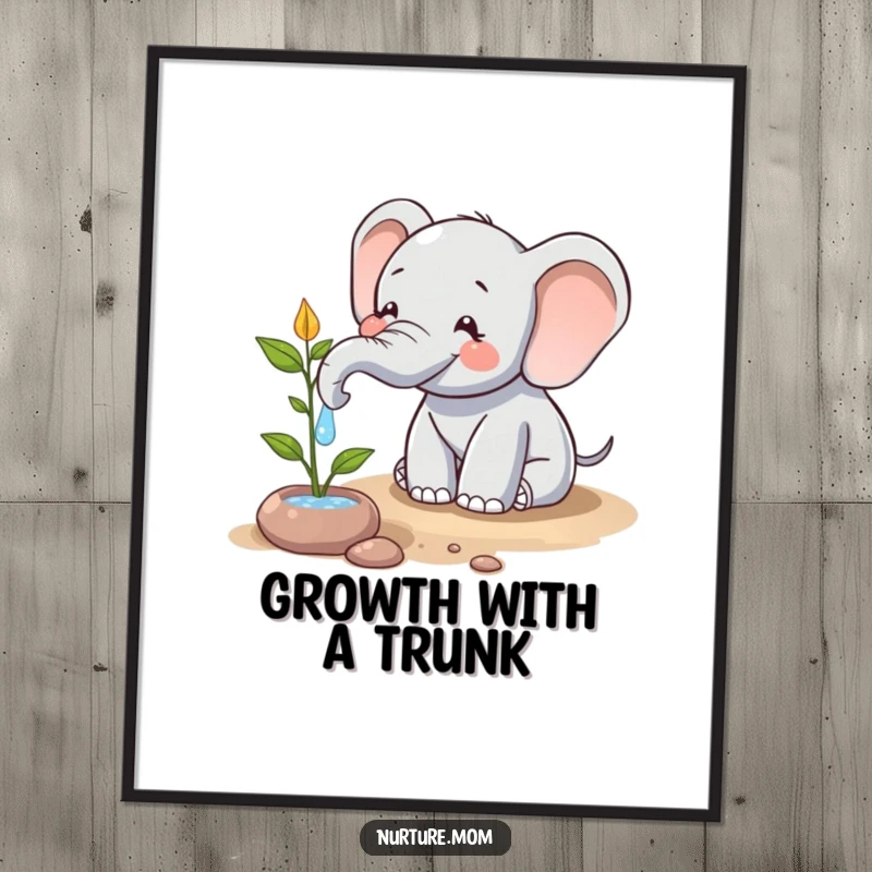Funny poster featuring a happy elephant character using its trunk to water a plant, a humorous artwork symbolizing growth and eco-care.