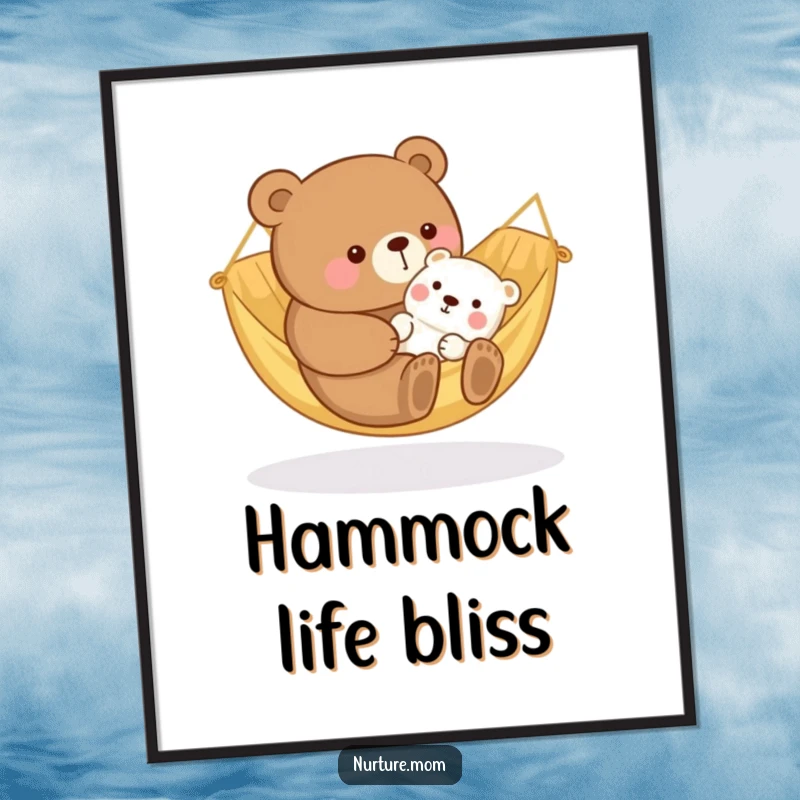 Funny kawaii bear mom rocking a baby animal in a cozy hammock, presented as heartwarming and delicate wall art.