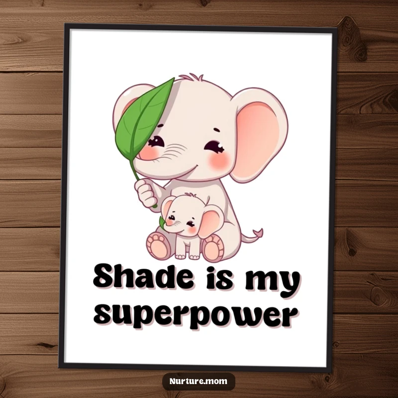 Funny kawaii elephant mom shielding baby elephant from sun with a leaf on a high-quality art poster.