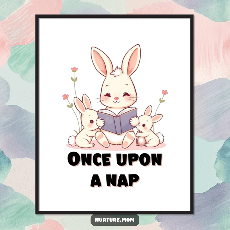 Funny kawaii mama bunny reading a storybook to her kits poster, a whimsical and heartwarming piece of nursery decor.
