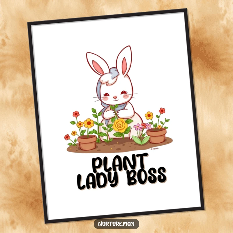 Funny Kawaii Rabbit Mom Poster: A cute, smiling bunny mom gardening amidst blooming flowers, humorous wall art.