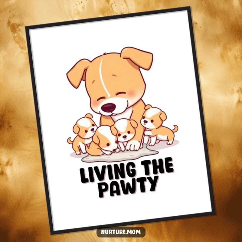 Funny Poster artwork of a mom dog humorously cleaning up the playful mess created by her energetic puppies.