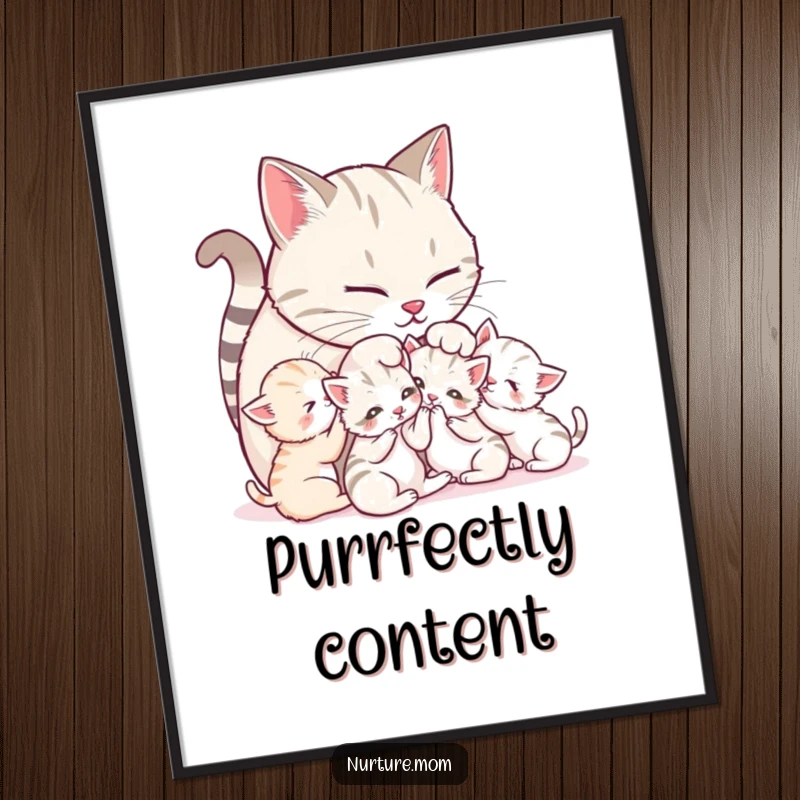 Funny Mother Cat Poster: Adorable artwork of a mother cat grooming her kittens, showcasing playful family moments.