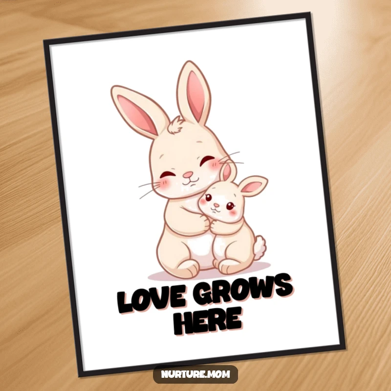 Funny Nurturing Rabbit Poster showing a mother rabbit holding a baby bunny close, bringing warm family imagery and humorous charm.