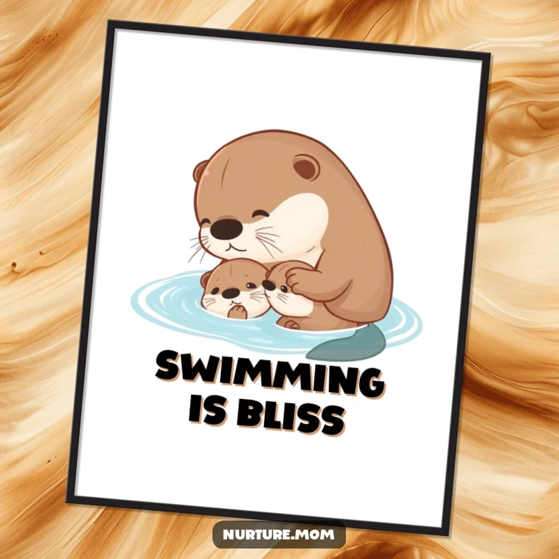 Funny kawaii mother otter teaching her pup to swim, presented as a loving art print.