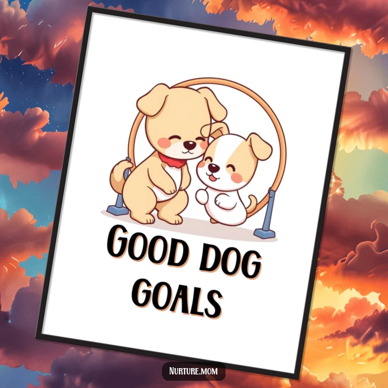 Funny wall art poster of a kawaii dog mom patiently guiding a puppy through a hoop, celebrating the training journey.