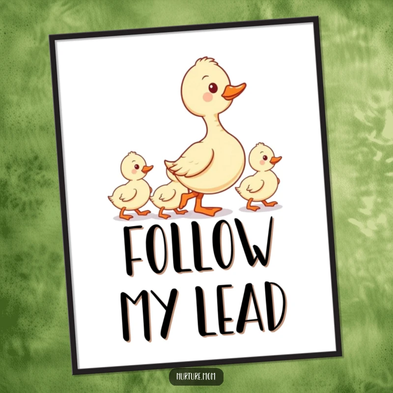 Funny wall art poster of a kawaii duck mom leading her ducklings in a neat line, symbolizing order and care.