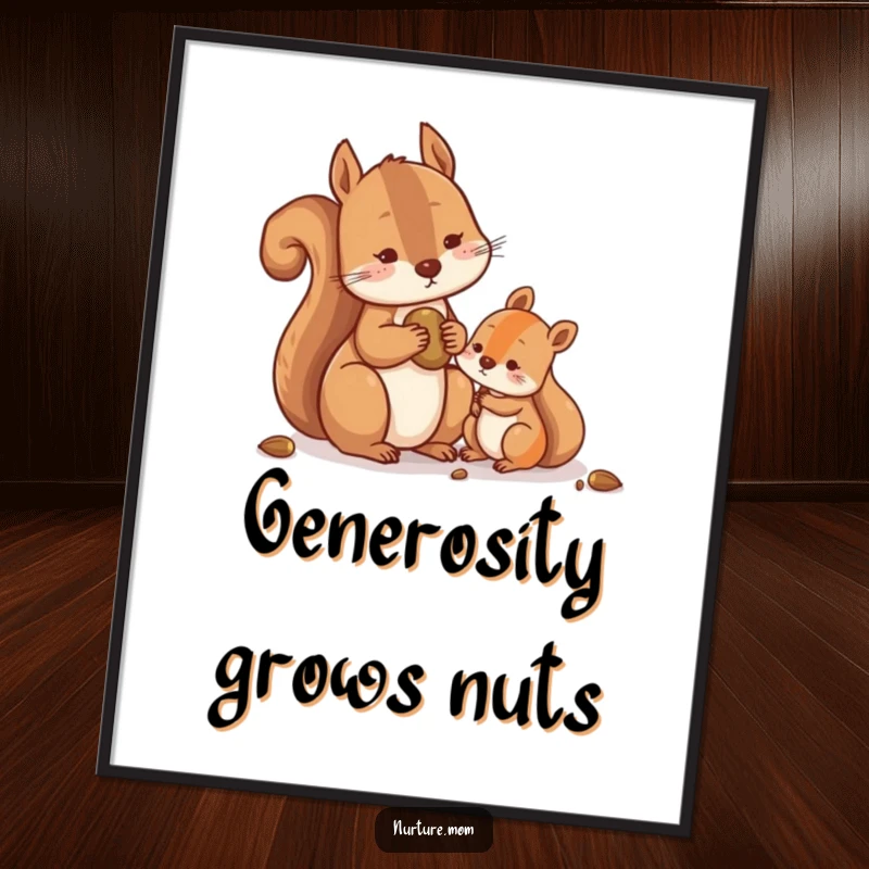 Funny Squirrel Poster showing a contented squirrel sharing nuts with a smaller one, bringing woodland charm and humorous kindness.