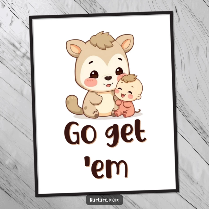 Funny animal's warm, encouraging gaze towards a child, depicted as heartwarming wall art.