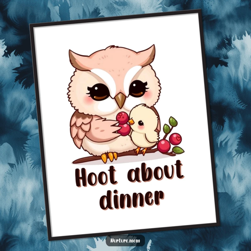 Funny kawaii owl mom gently feeding a tiny chick a berry, presented as heartwarming and delicate wall art.
