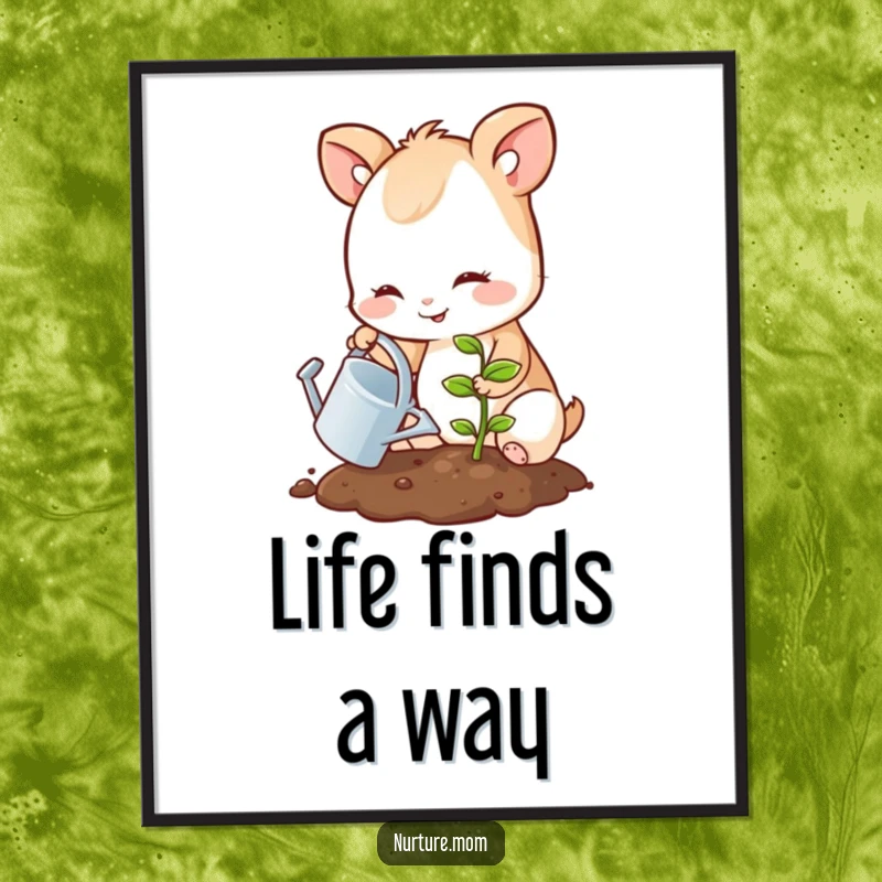 Funny poster art of a smiling animal gently watering a small, sprouting seedling, bringing nature's humor indoors.