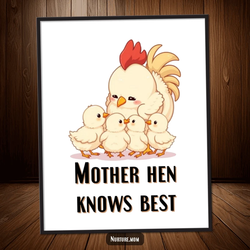 Funny mother hen and chicks poster capturing a tender moment of a hen looking fondly at her fluffy brood, artful and humorous.