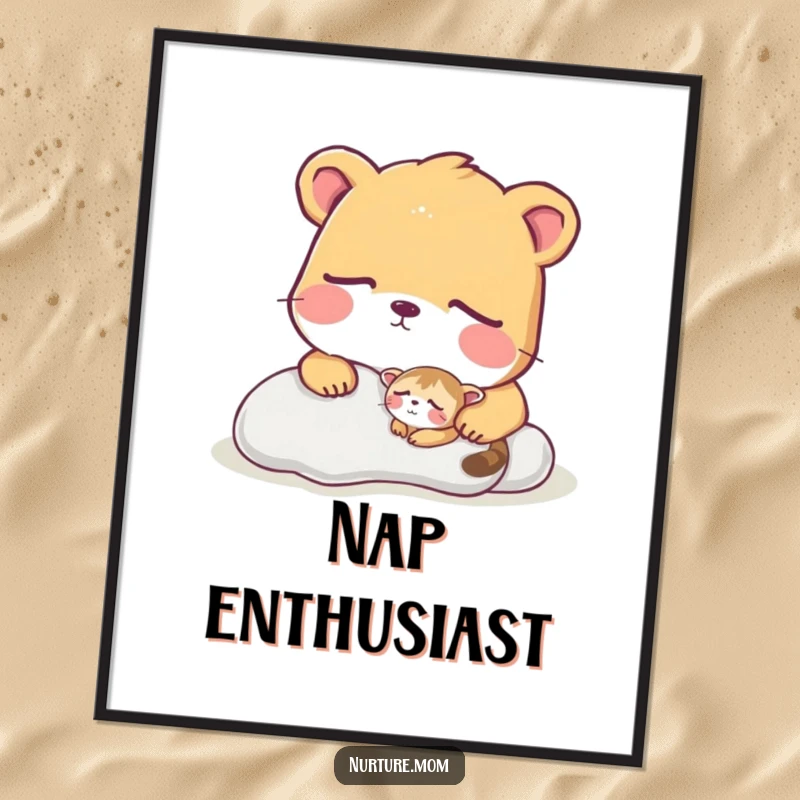 Funny poster illustrating a large animal attentively watching a tiny creature in deep sleep.