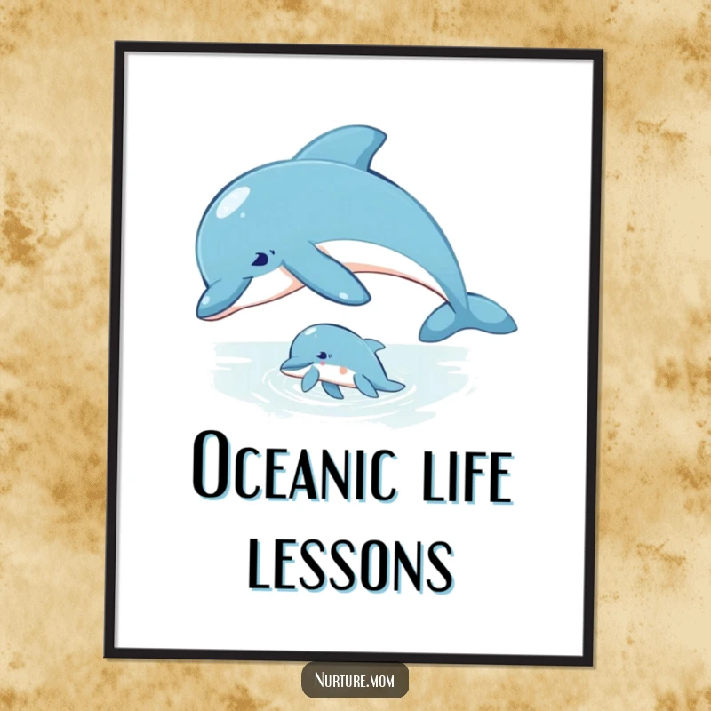 Poster featuring a mother dolphin guiding her calf through the water, depicting intelligence and serenity.