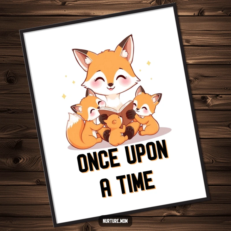 Funny poster featuring a happy fox mom reading a bedtime story to her cubs, ideal for cozy decor and evoking heartwarming feelings.