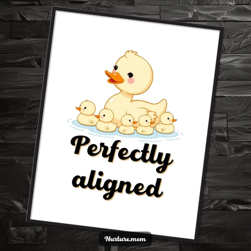 Funny kawaii mama duck swimming with her ducklings in formation, creating a heartwarming scene on a poster.