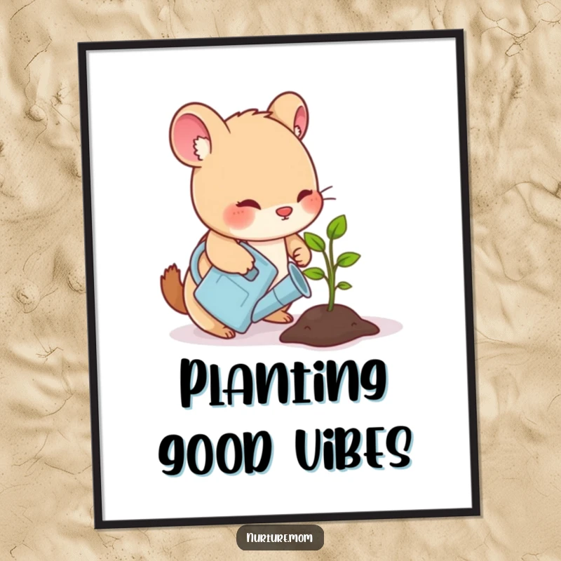 Funny poster of a small animal gently watering a sprouting seedling with a watering can, perfect for nature art.