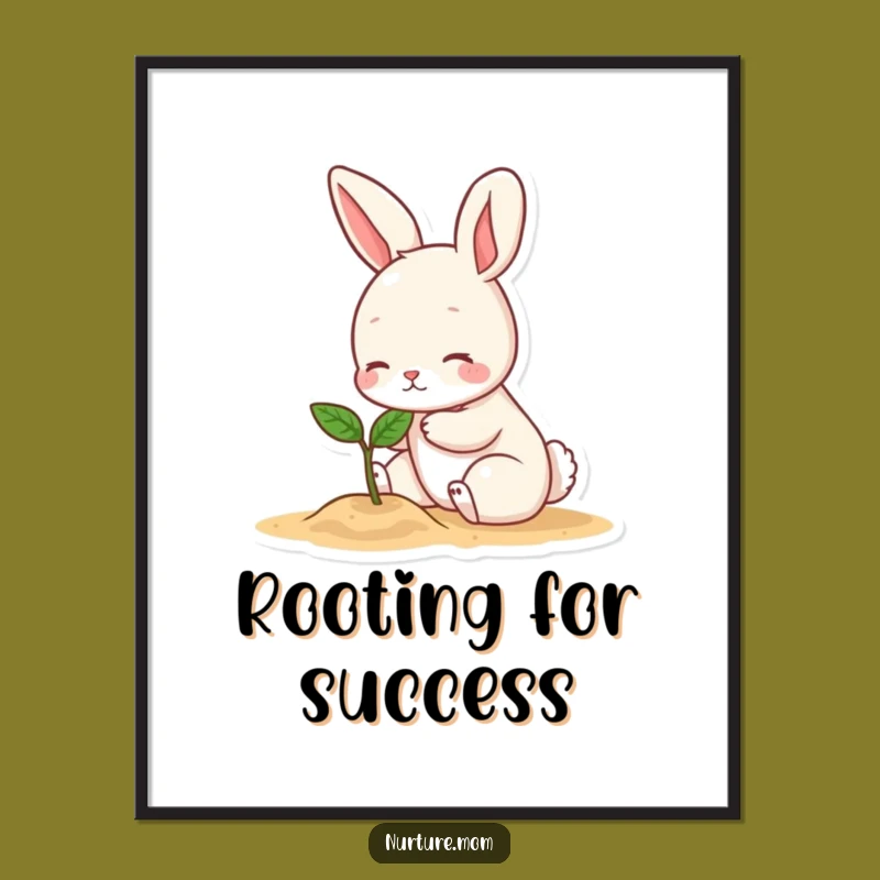 Funny Bunny Patting Sprout Poster: Whimsical Wall Art and Hilarious Nature Gift
