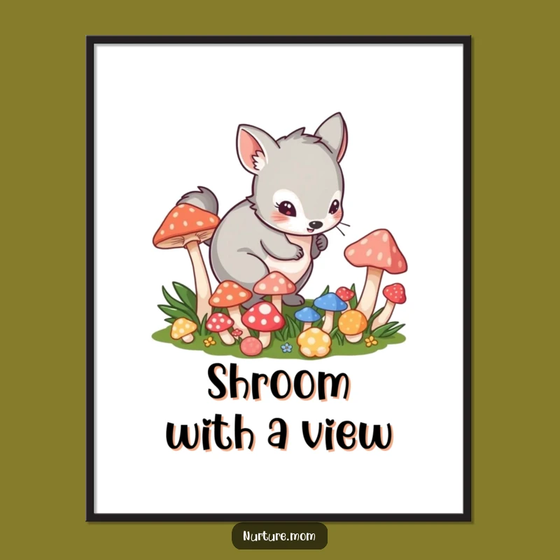 Funny Mushroom Poster: Playful Animal's Vibrant Art Print Gift